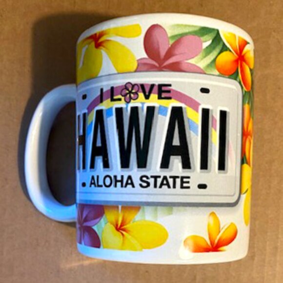 I Love Hawaii Aloha State Souvenir Coffee Cup Mug by Plumeria License Plate ABC - Picture 2 of 5